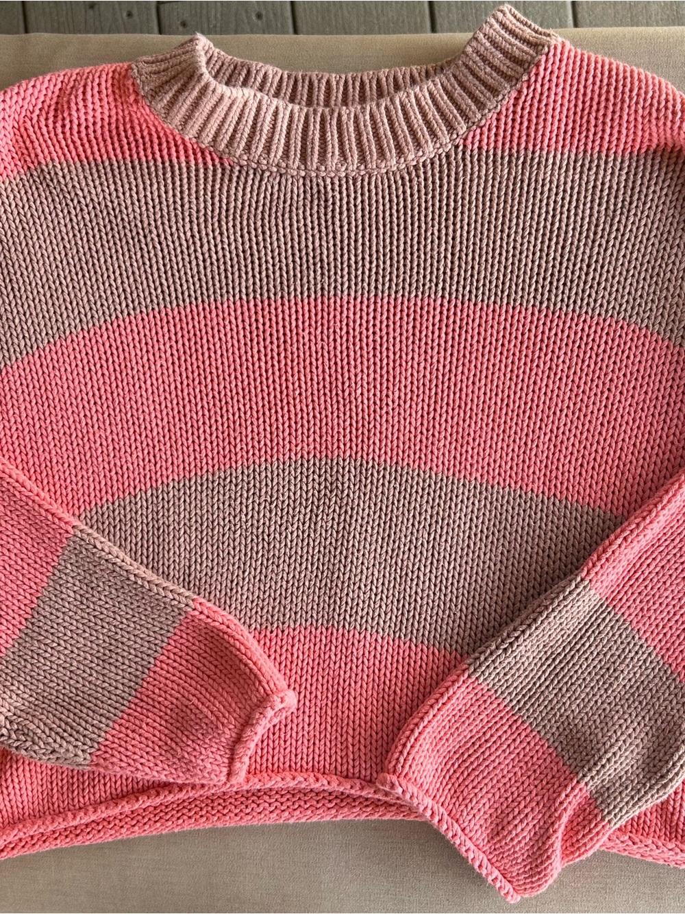 Aerie Coral and Taupe Striped Cotton Sweater